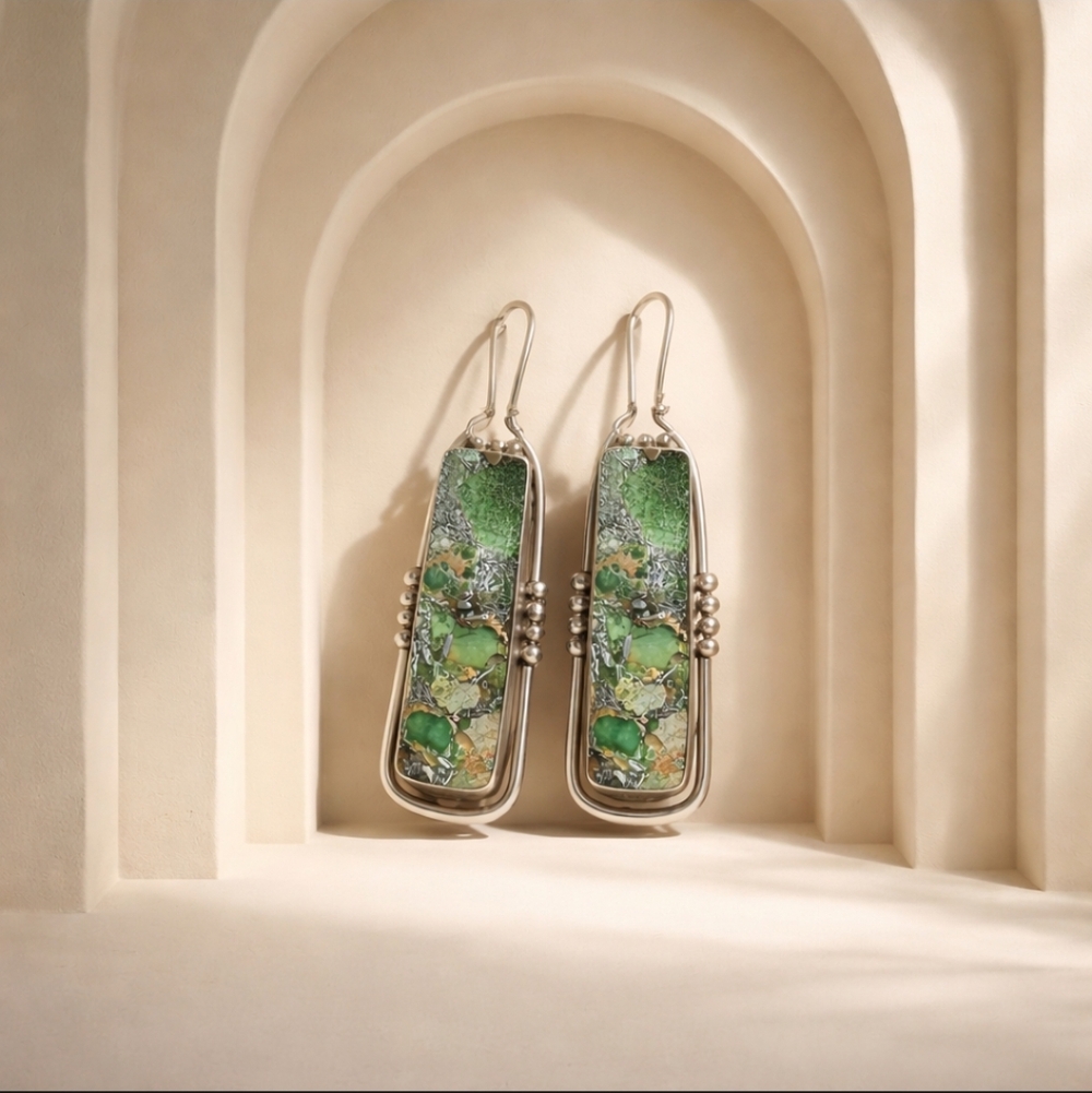 Chic Silver and Green Dangle Earrings - Picture 2 of 2